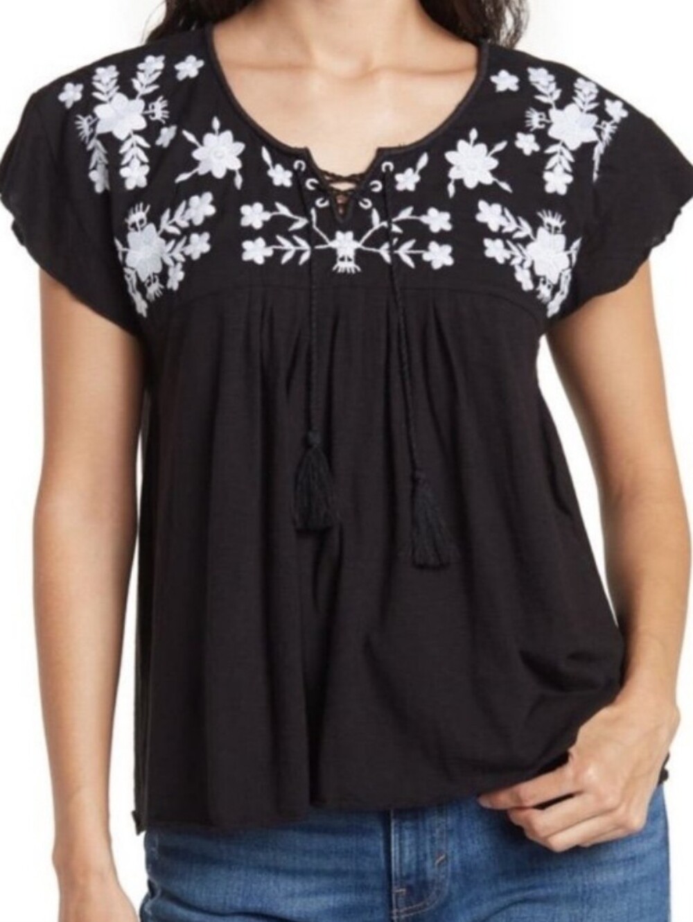 Lucky Brand Black Embroidered Tassel Peasant Top  Sz S
